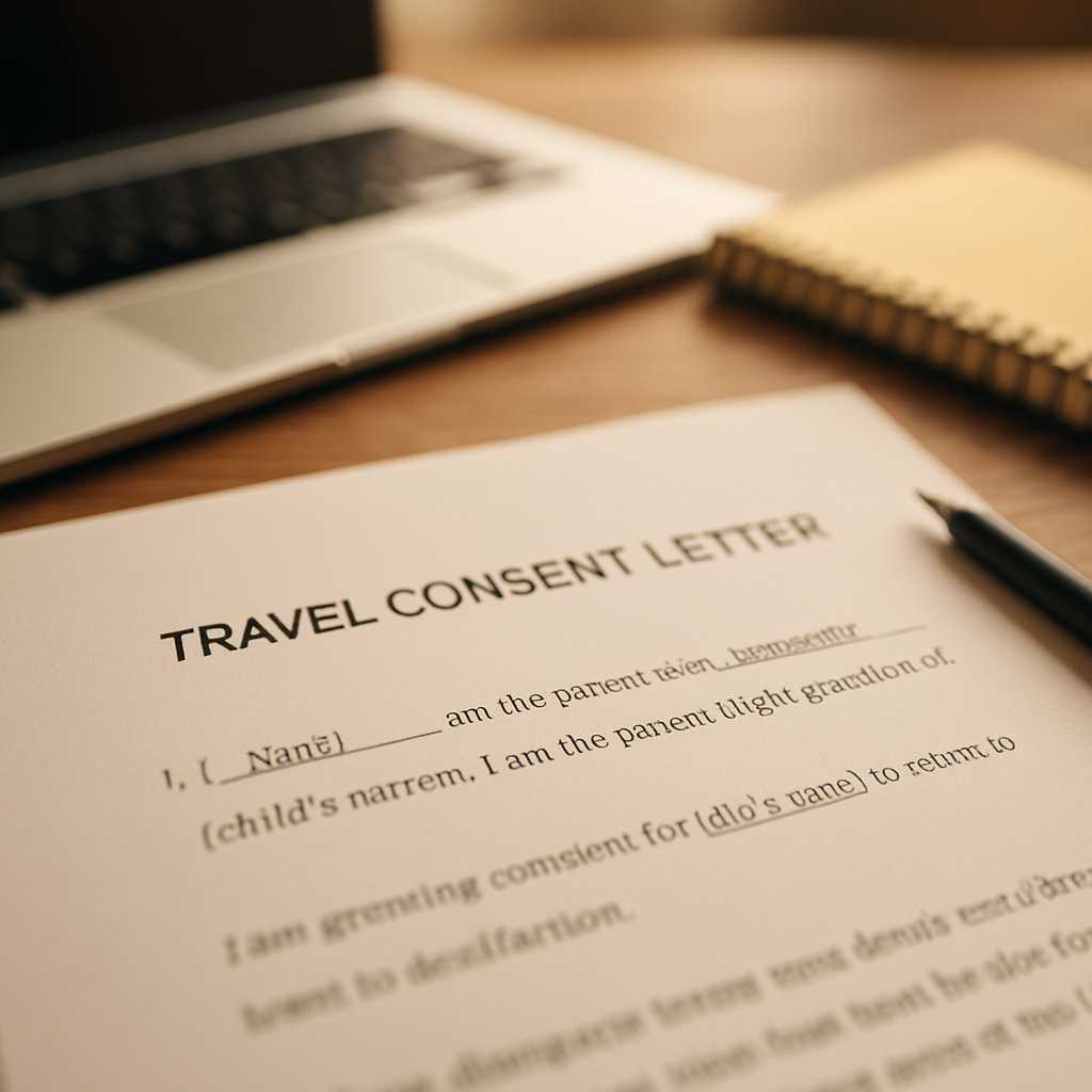 A close up, photorealistic image of a travel consent letter being translated on a desk, with a lapto