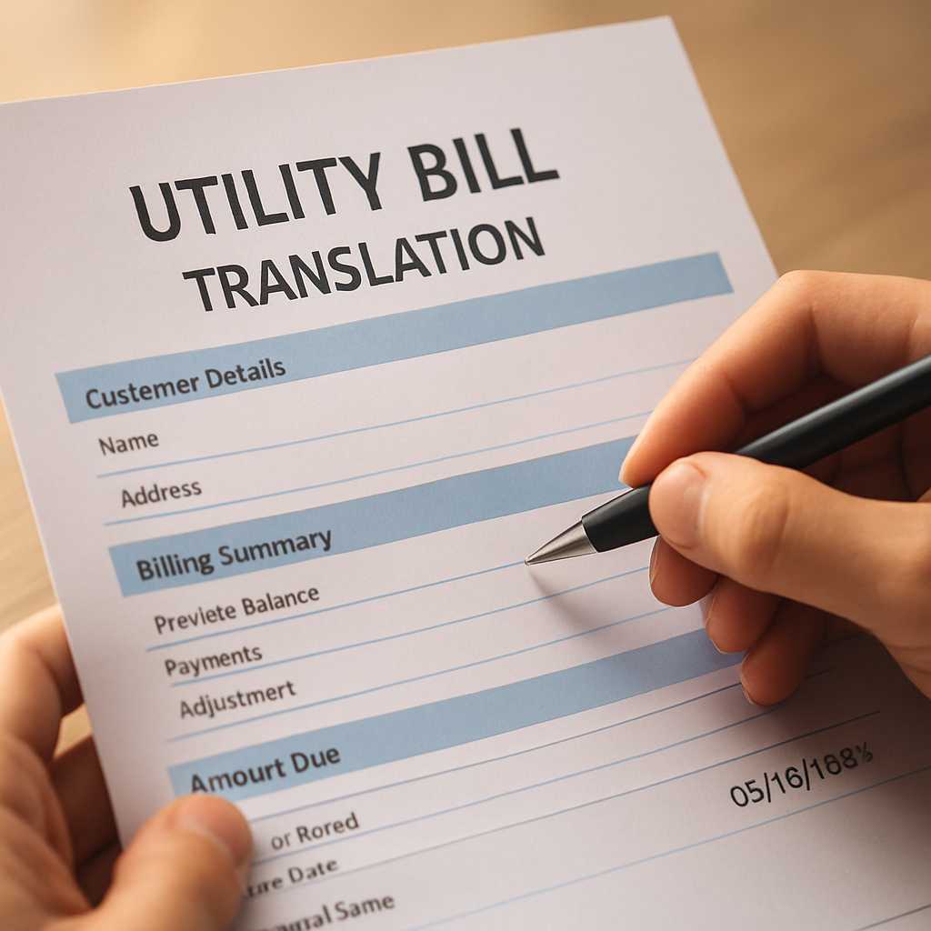 A close up image of a utility bill being translated, with a focus on a translator's hands holding a