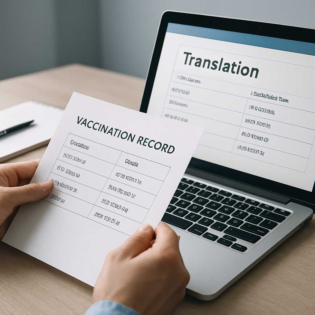 A close up, photorealistic image of a vaccination record being translated, with a focus on a transla