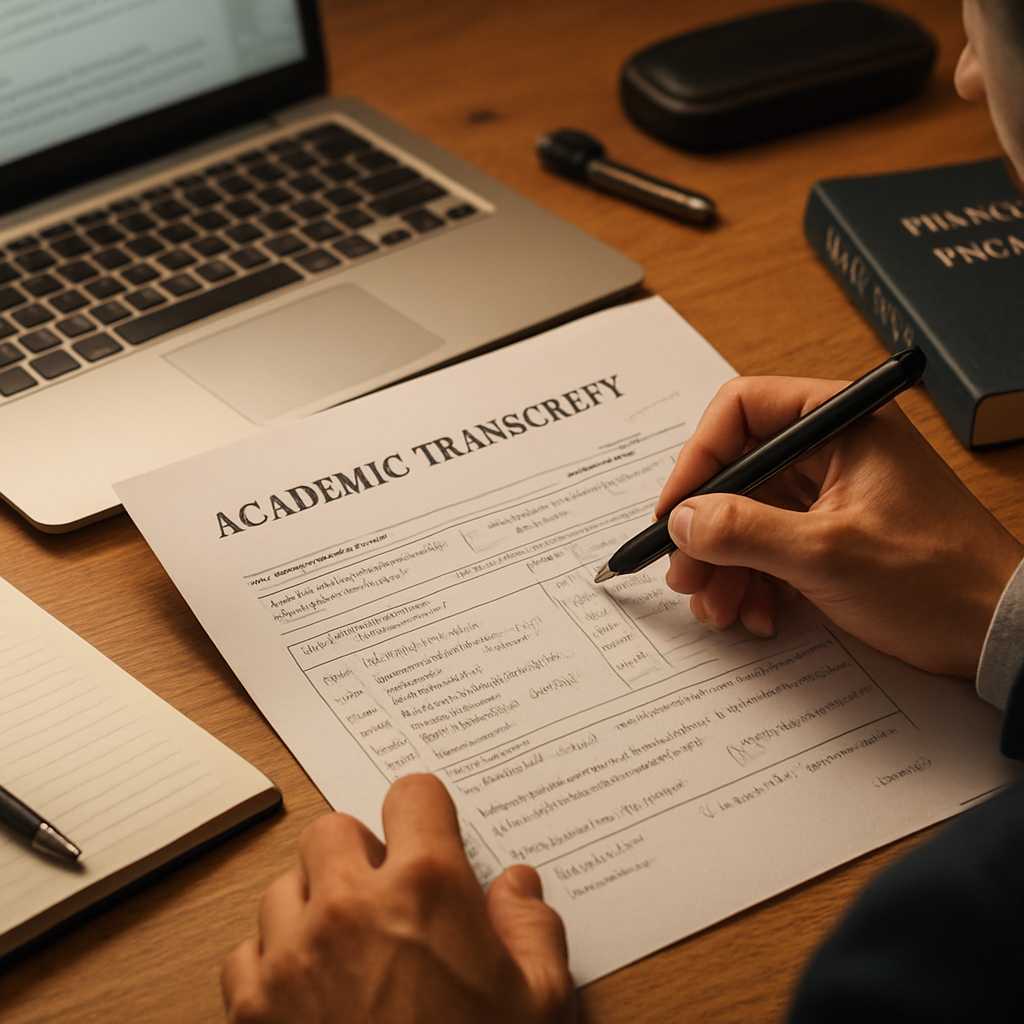 A detailed close up of an academic transcript being translated on a desk, with a professional transl