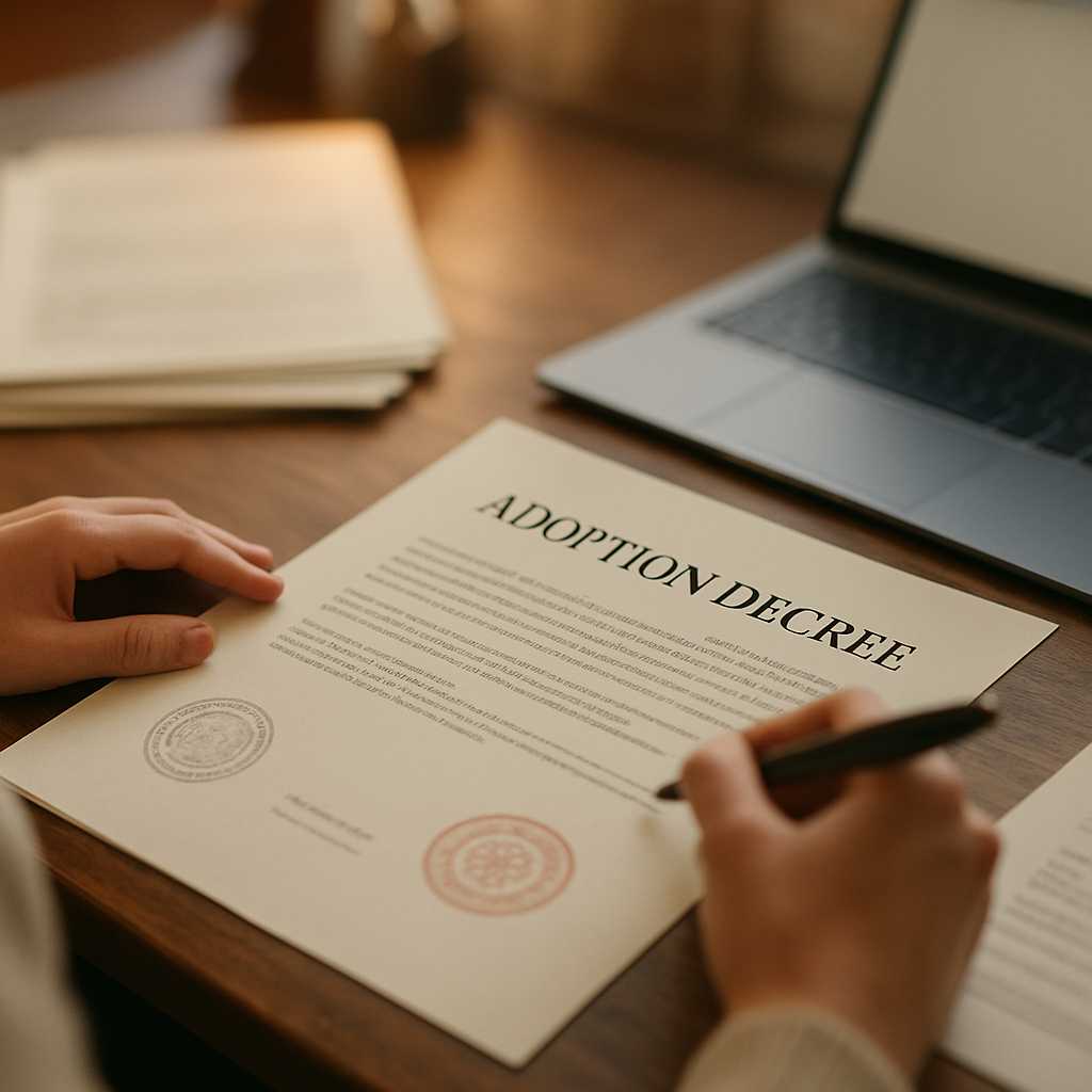 A professional image depicting a translator working on an adoption decree, surrounded by legal docum