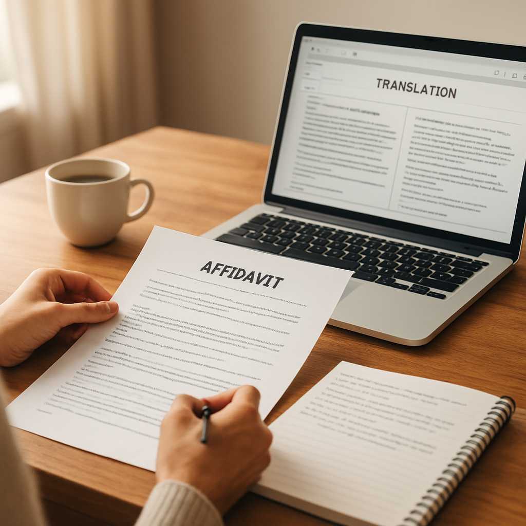 A detailed editorial photograph of a translator working on an affidavit translation, with the origin