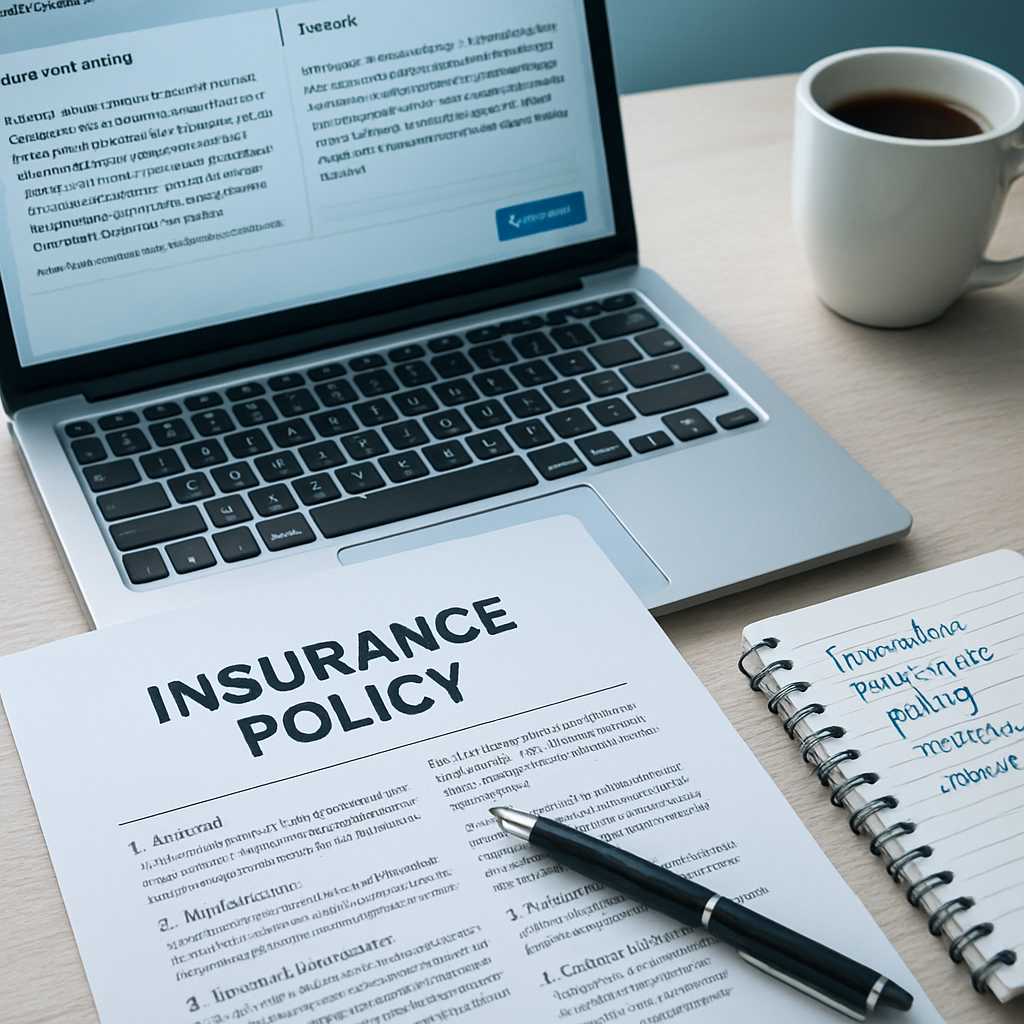 A detailed editorial photograph of an insurance policy document being translated on a desk, with a l