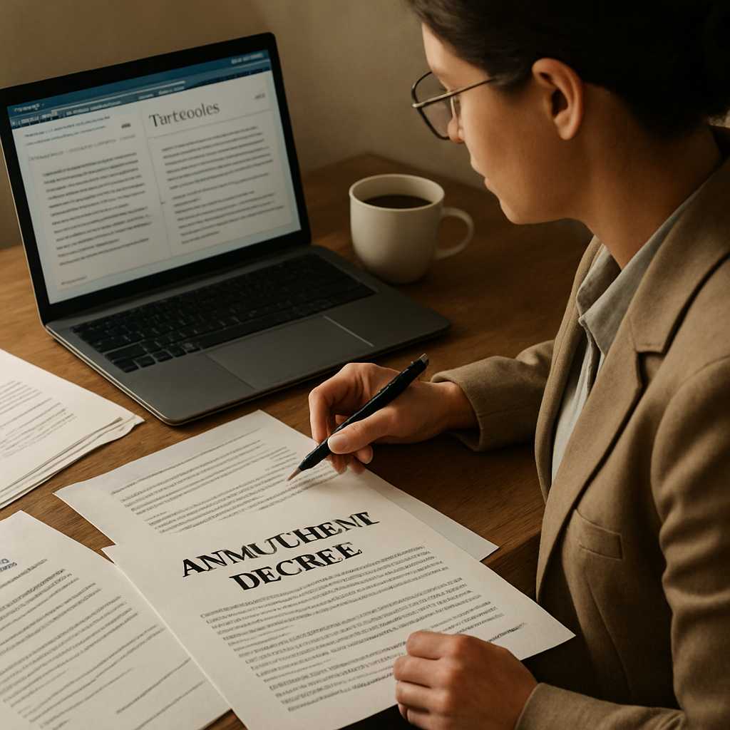 A detailed editorial photograph of a professional translator working at a desk, surrounded by legal