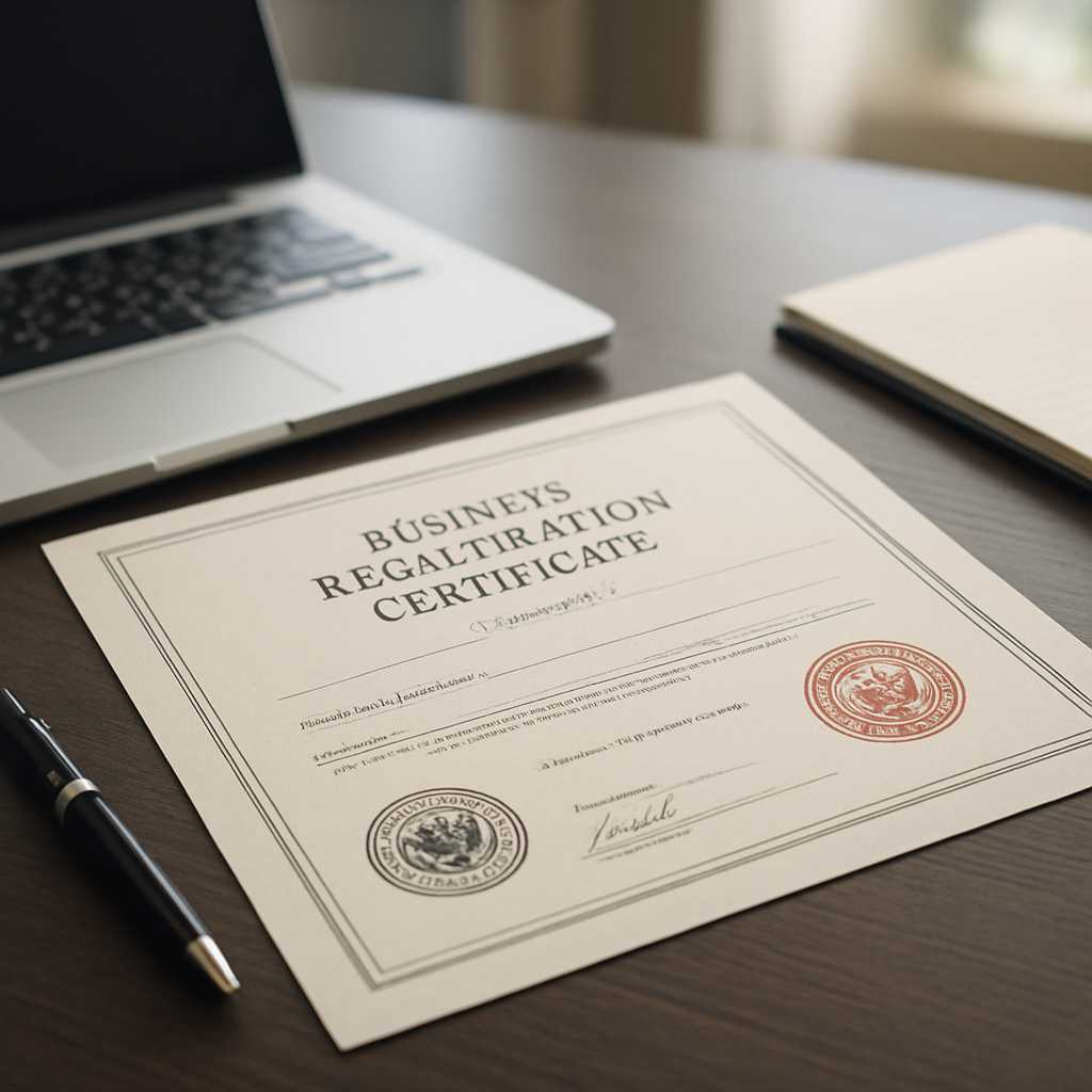 A professional office setting with a close up view of a business registration certificate on a desk,