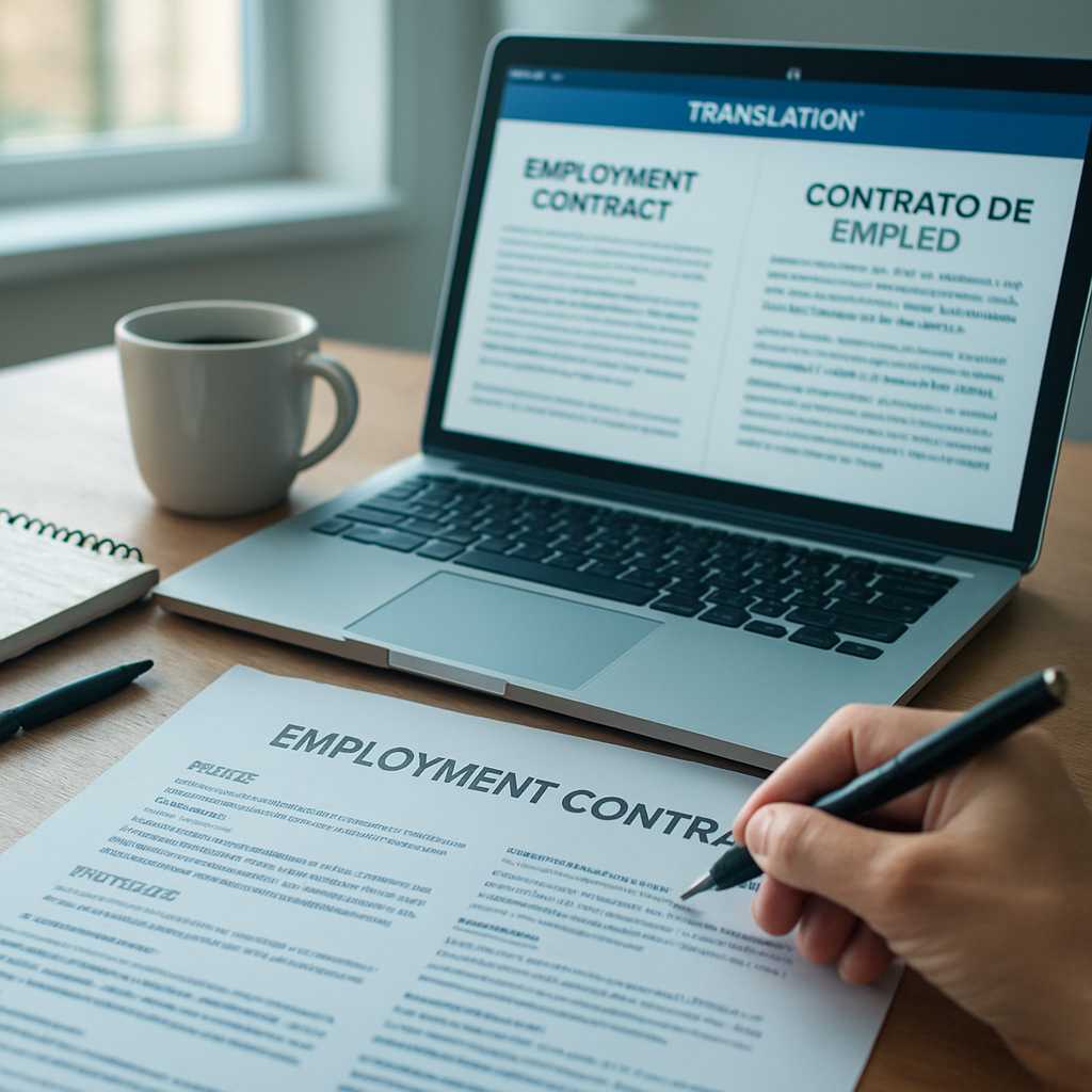 A professional workspace featuring a close up of an employment contract being translated, with a lap