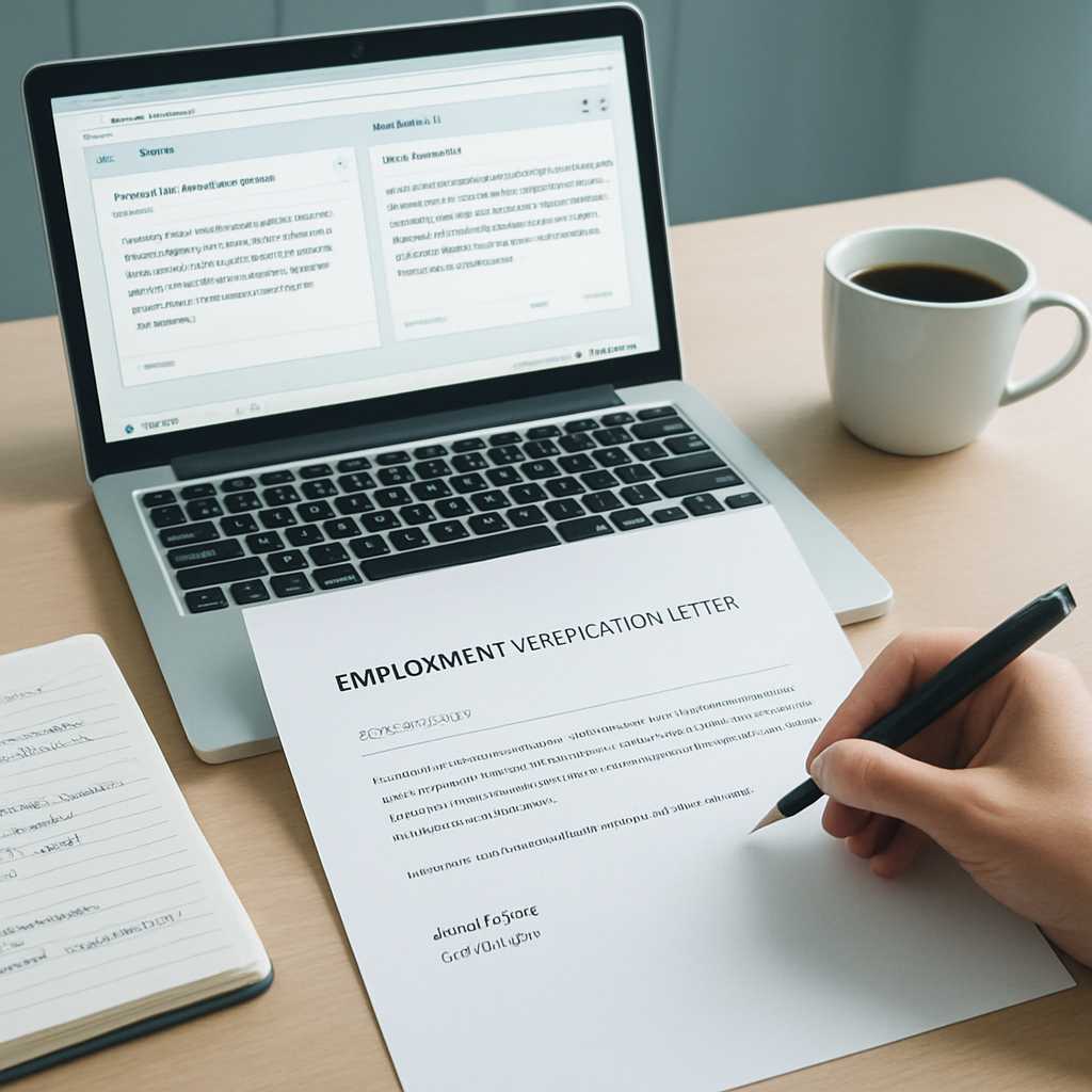 A professional workspace scene showing a close up of an employment verification letter being transla