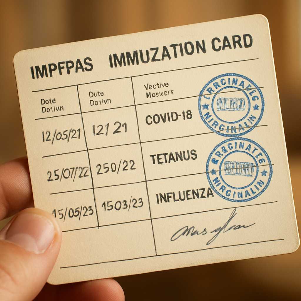 A close up, photorealistic image of an immunization card being held by a person, with a focus on the