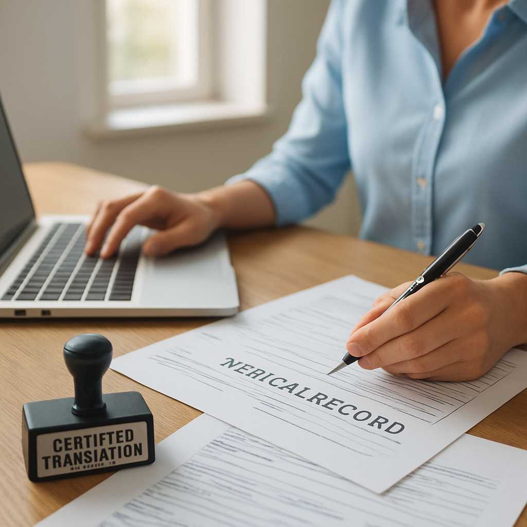 A close up, photorealistic image of a medical record translation process, featuring a professional t
