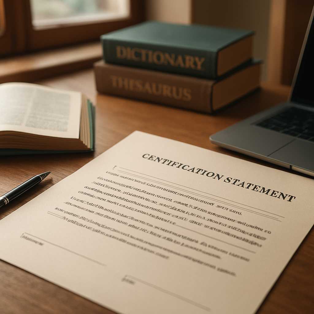 A close up shot of a translator's desk with a certification statement document prominently displayed