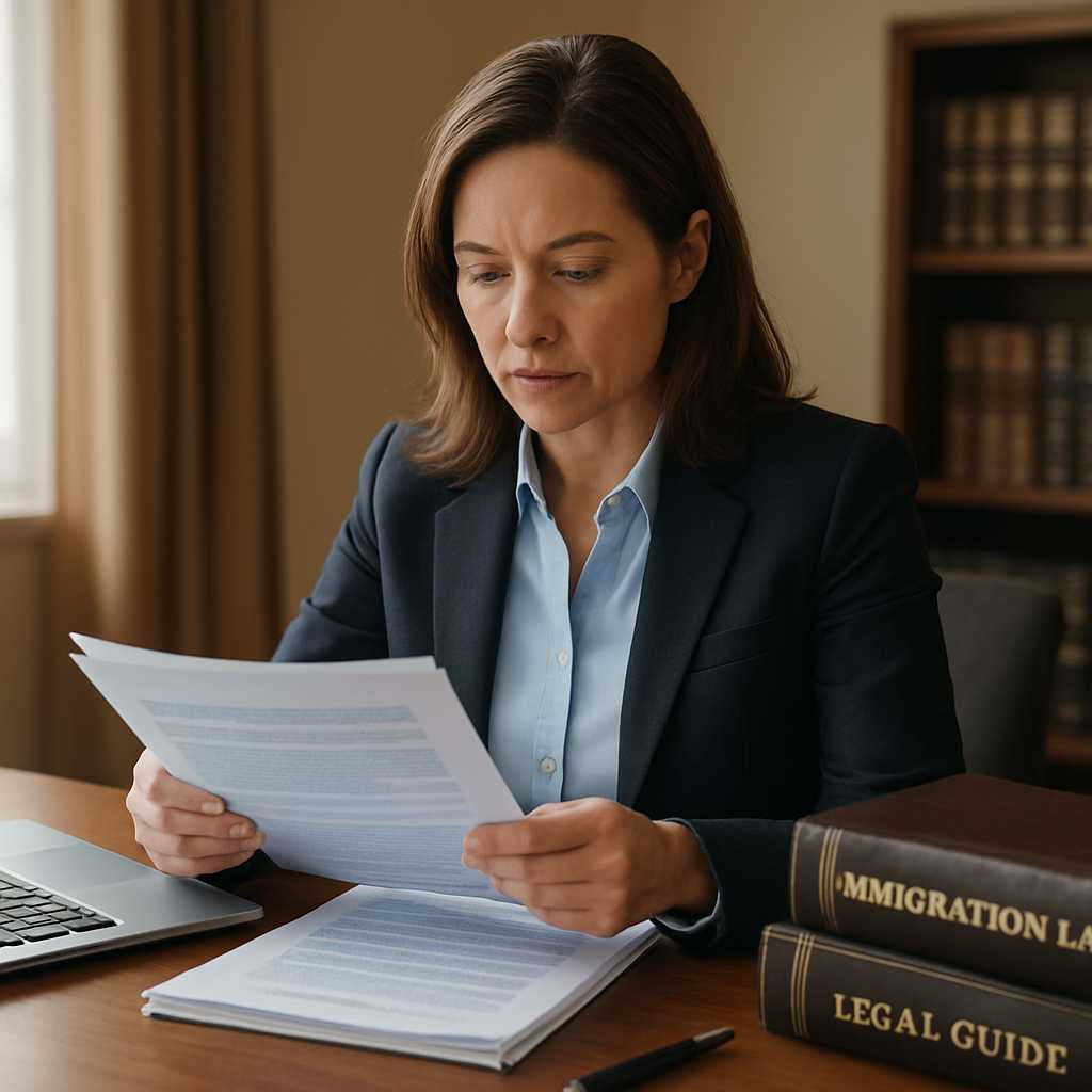 A professional image of an immigration attorney reviewing a stack of translated documents in an offi