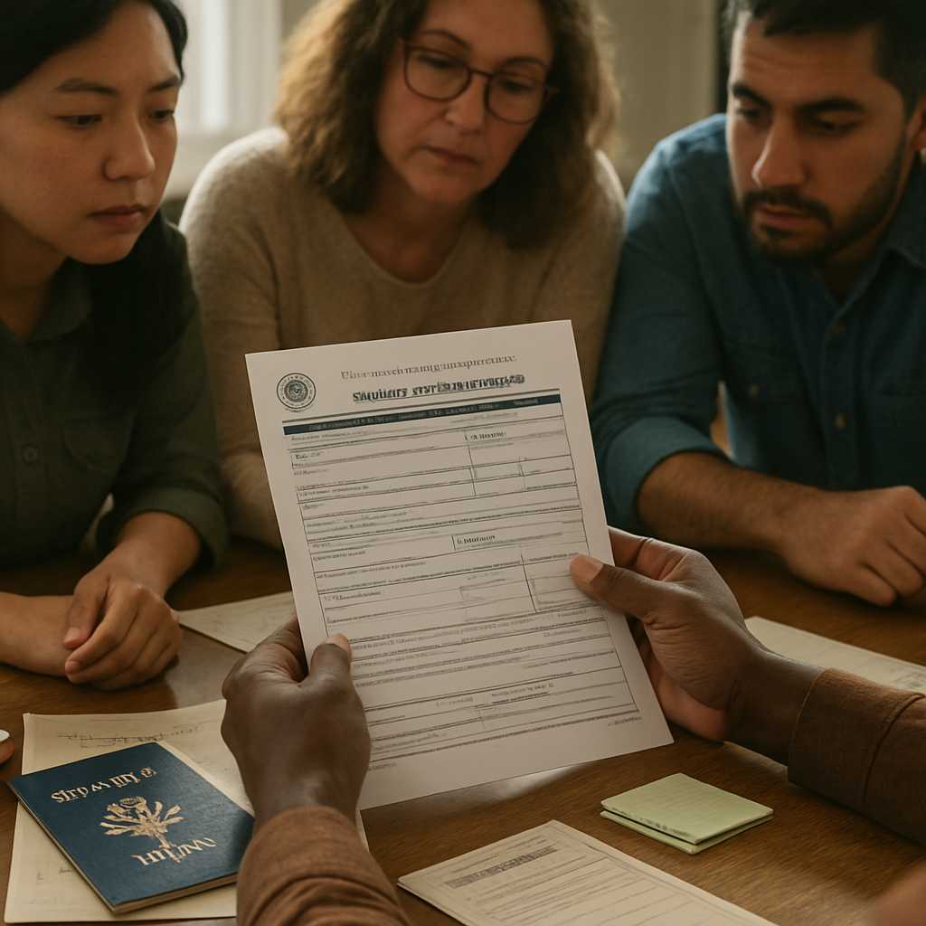 A detailed editorial photograph of a diverse group of individuals sitting at a table, reviewing immi