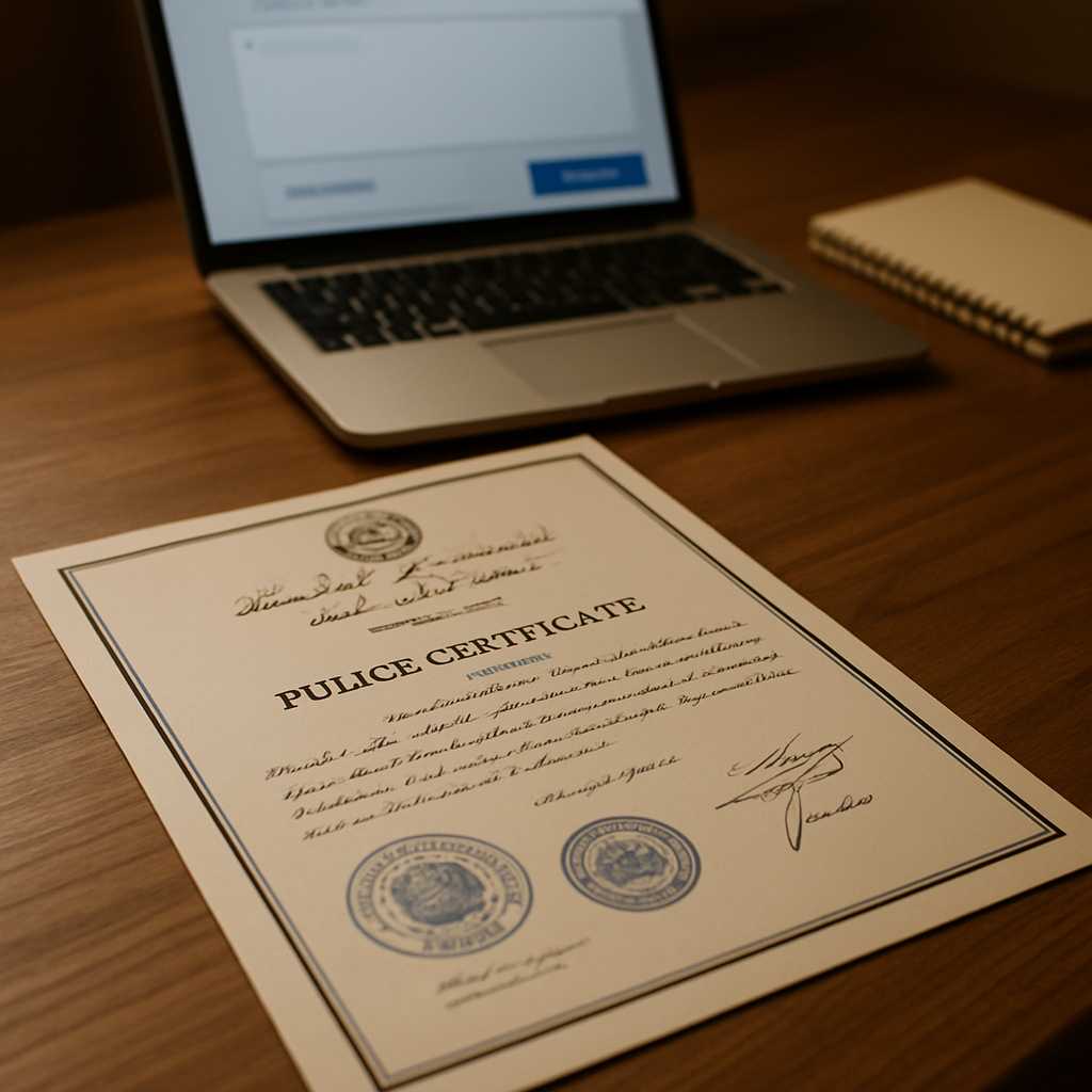 A close up shot of an Afghanistan police certificate laid out on a wooden desk, with a laptop and a