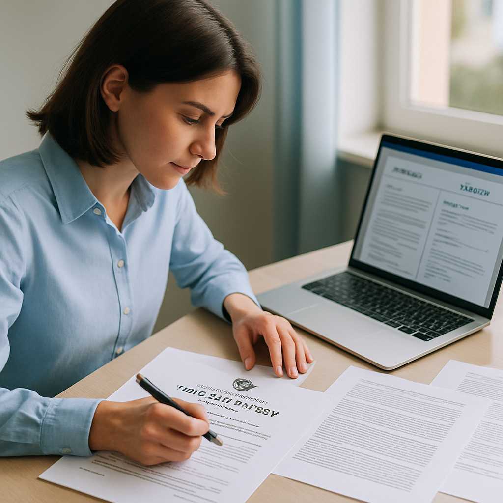A professional image of a translator working at a desk, surrounded by documents, including an Albani