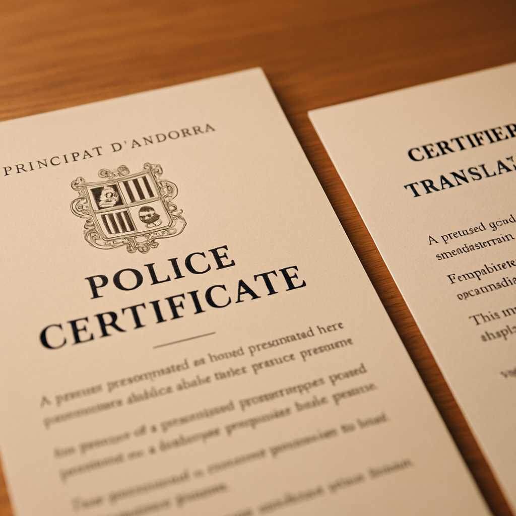 A close up shot of an Andorra police certificate lying on a wooden desk, with a certified translatio
