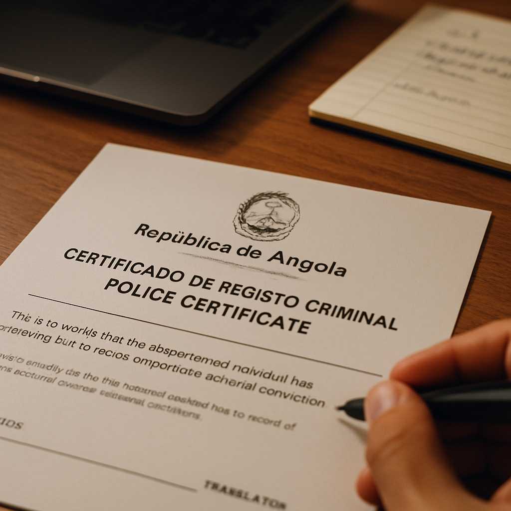 A close up shot of an Angola police certificate laid on a wooden desk, with a professional translato