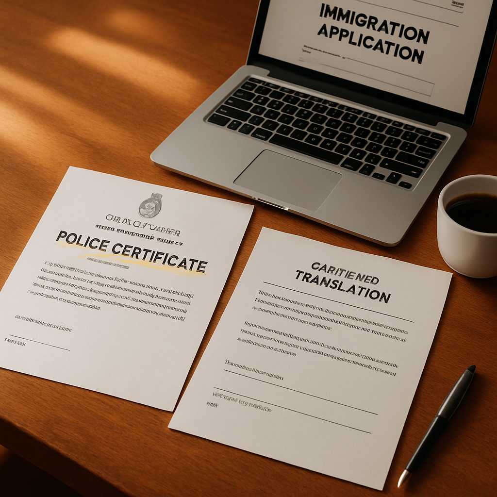 A detailed editorial photograph of an Argentina police certificate alongside a certified translation