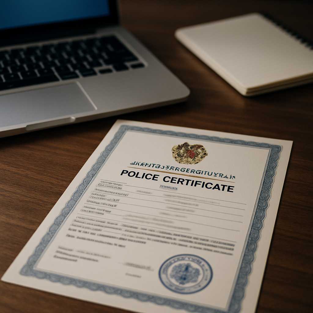 A professional image of an Armenian police certificate laid out on a desk, with a laptop and a notep