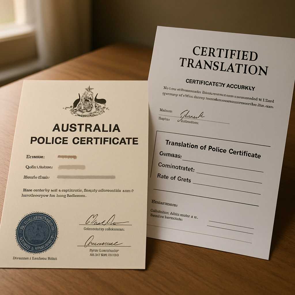 A professional and detailed photograph of an Australia police certificate alongside a certified tran