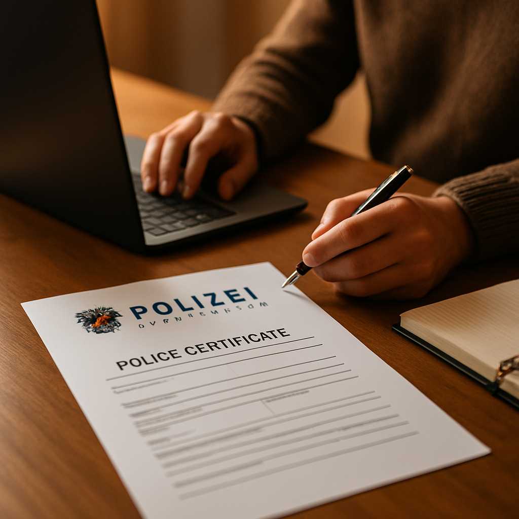 A professional image depicting a translator working on an Austria police certificate, with the docum
