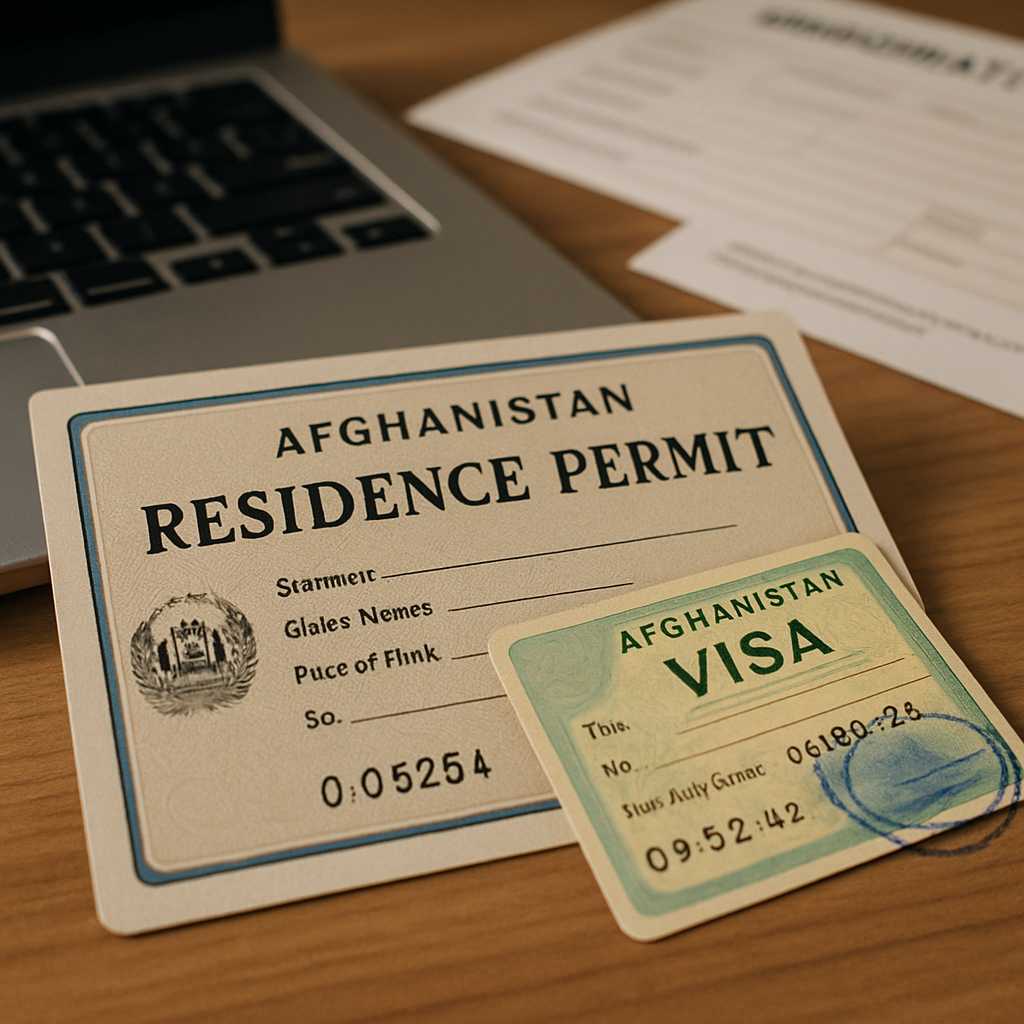 A close up editorial photograph of an Afghanistan residence permit and visa sticker laid out on a wo