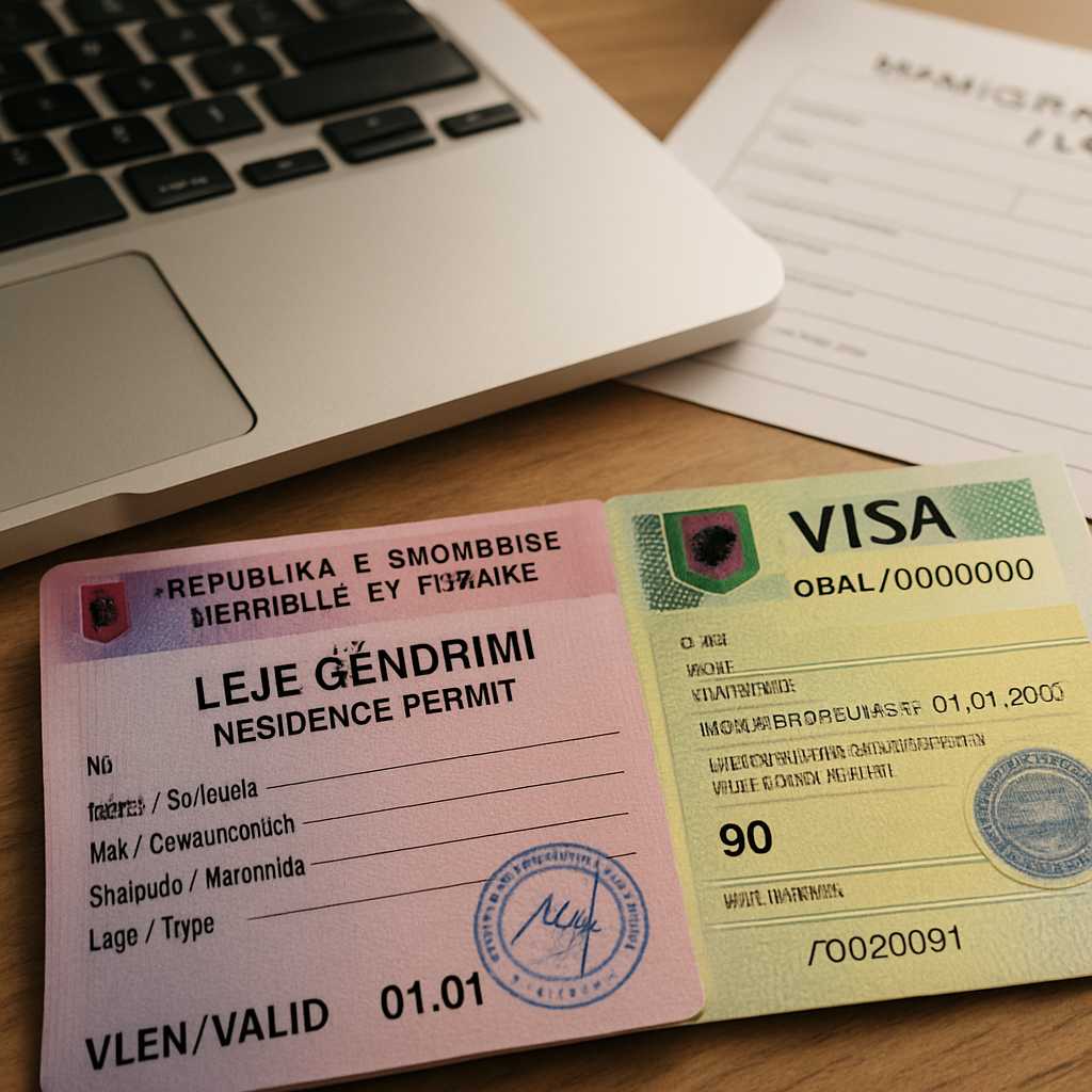 A close up editorial photograph of an Albania residence permit and visa sticker laid out on a wooden