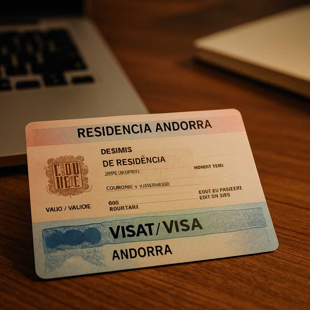 A close up shot of an Andorra residence permit and visa sticker placed on a wooden desk, with a lapt
