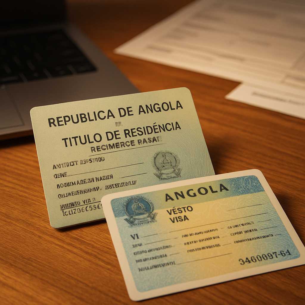 A close up shot of an Angola residence permit and visa sticker laid out on a wooden desk, with a lap