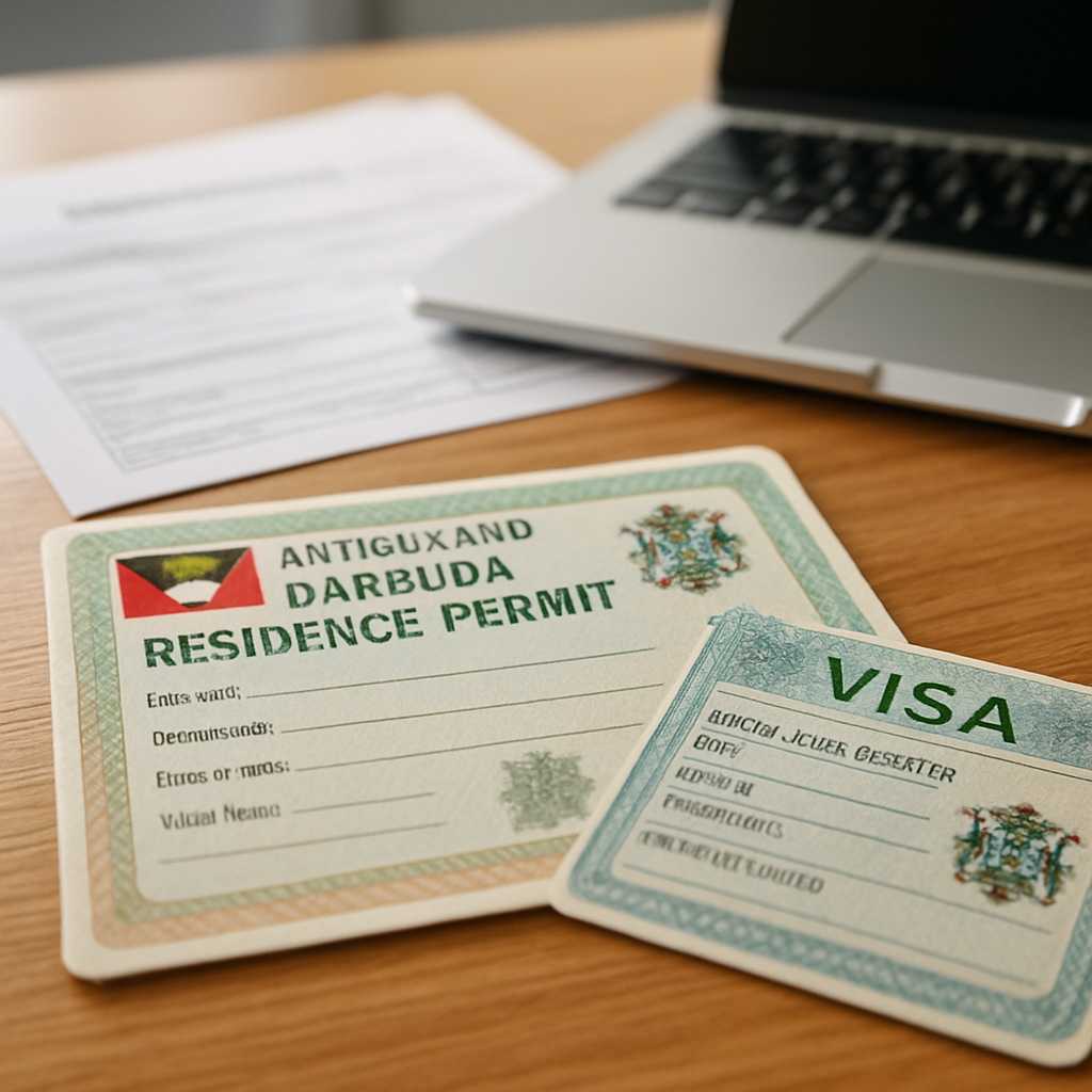 A close up shot of an Antigua and Barbuda residence permit and visa sticker laid out on a wooden des