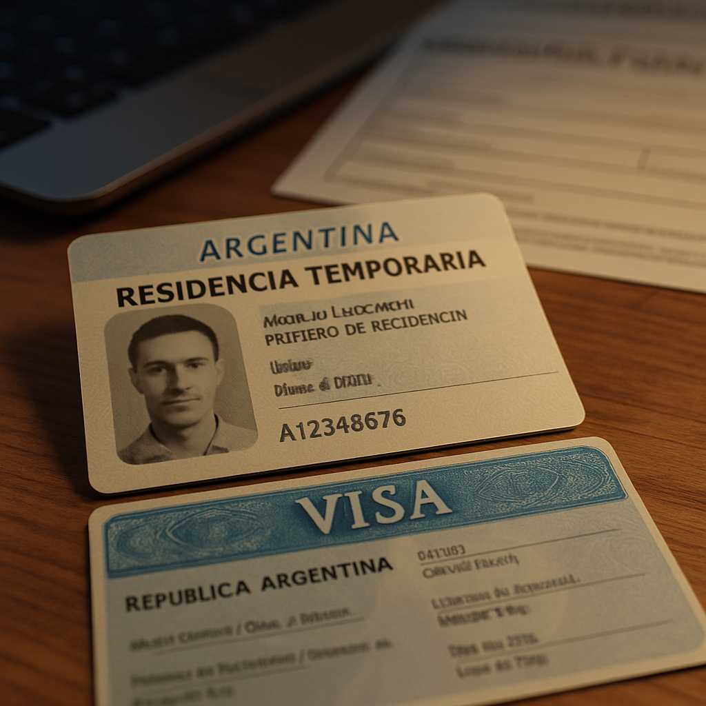 A close up, photorealistic image of an Argentina residence permit and visa sticker laid out on a woo