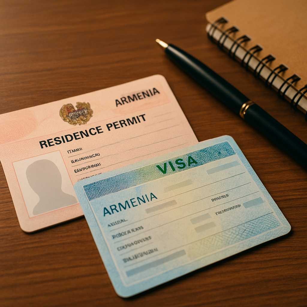 A close up shot of an Armenia residence permit and visa sticker laid out on a wooden desk, with a pe