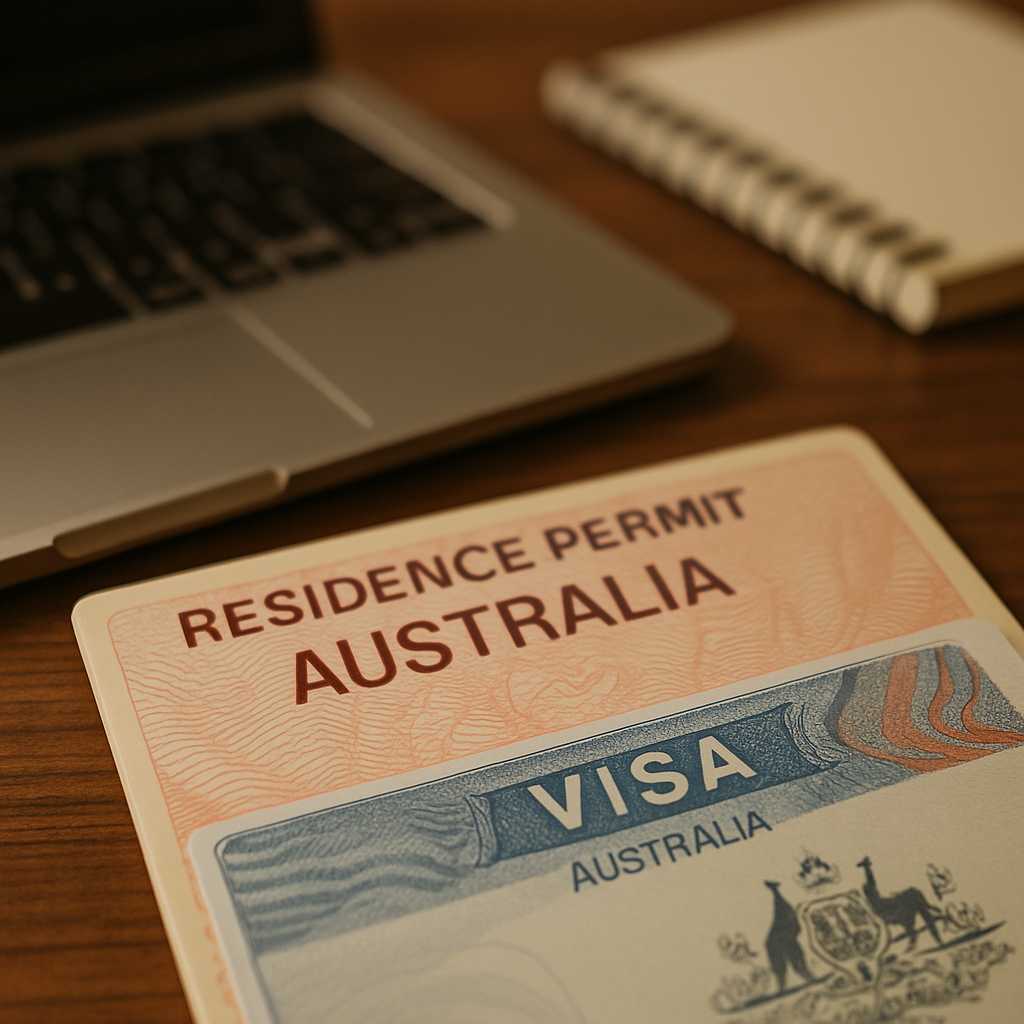 A close up shot of an Australia residence permit and visa sticker laid out on a wooden desk, with a