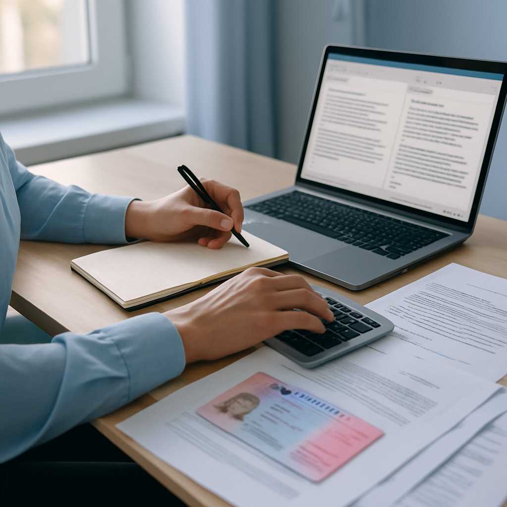 A professional image of a translator working at a desk, surrounded by documents including an Austria