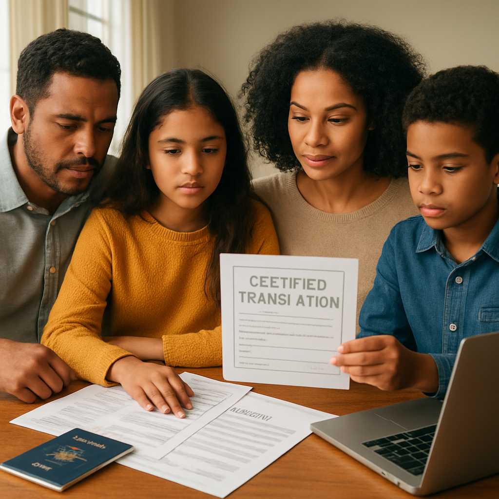 A professional image of a diverse family gathered around a table, reviewing their Form I 130 petitio