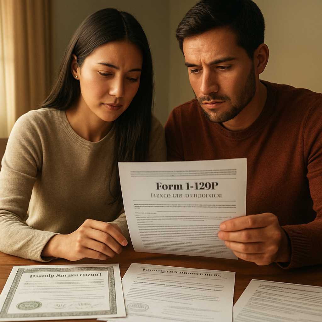 A detailed, photorealistic image of a couple sitting at a table, reviewing their Form I 129F fiancé(