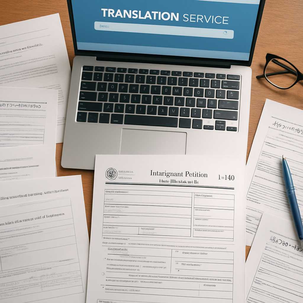 A detailed overhead view of a desk cluttered with immigration documents, including Form I 140 and va