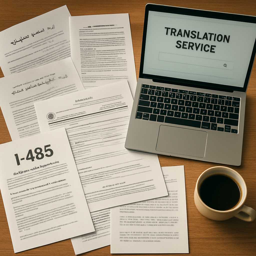 A detailed overhead shot of a desk cluttered with immigration documents, including Form I 485 and va