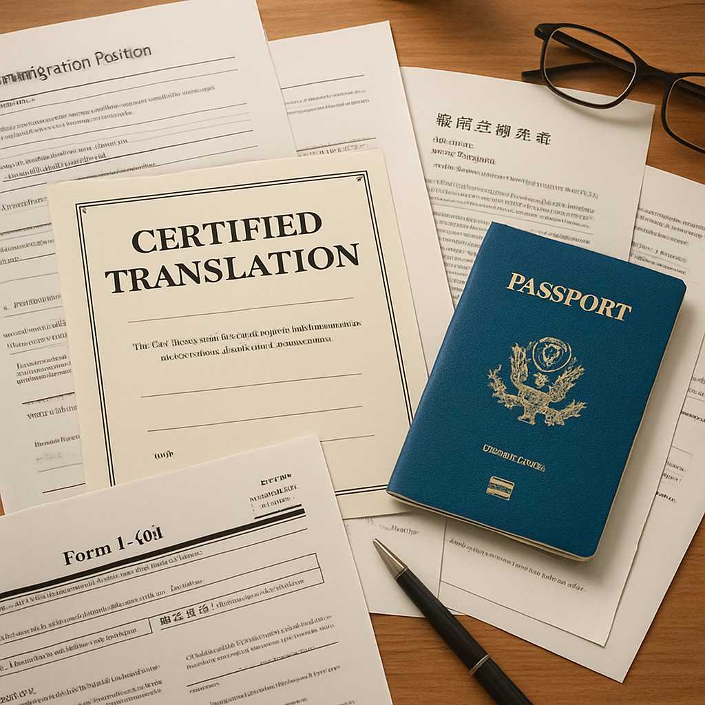 A detailed overhead shot of a desk cluttered with immigration documents, including Form I 601 and va