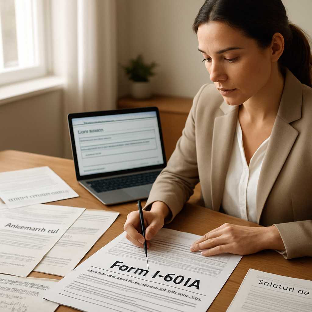 A detailed editorial photograph of a professional translator working on Form I 601A documents at a d