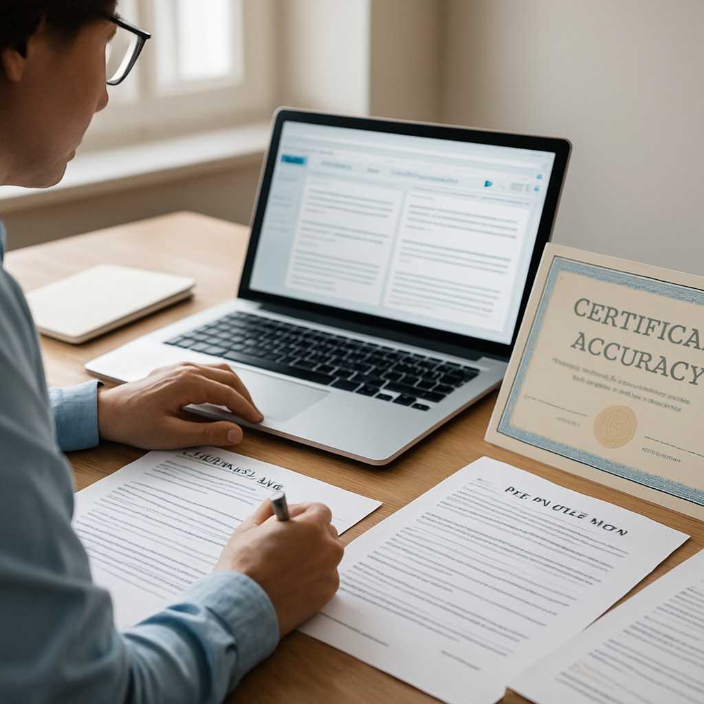 A detailed editorial image of a translator working at a desk, surrounded by various immigration docu