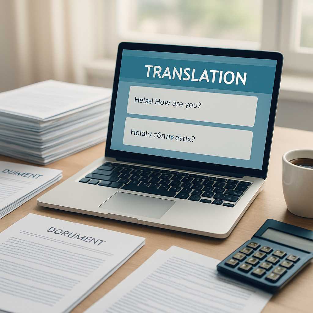 A professional workspace featuring a translator's desk with a laptop open to a translation software,