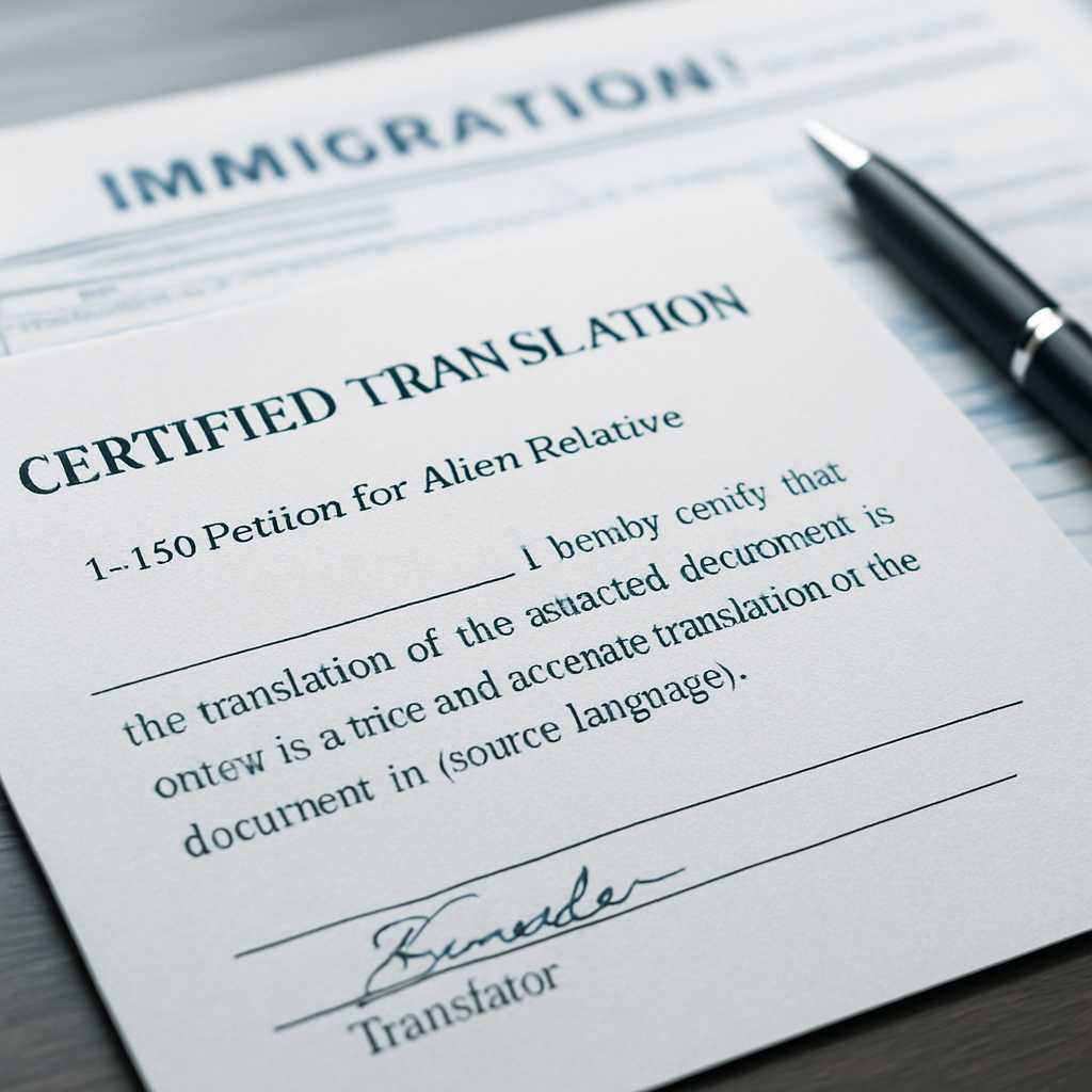 A detailed close up of a certified translation document for an I 130 petition, with a focus on the t