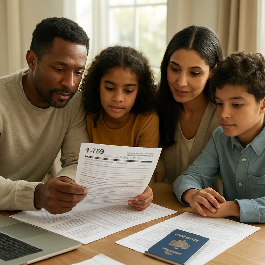 A professional image showing a diverse family gathered around a table, reviewing immigration documen