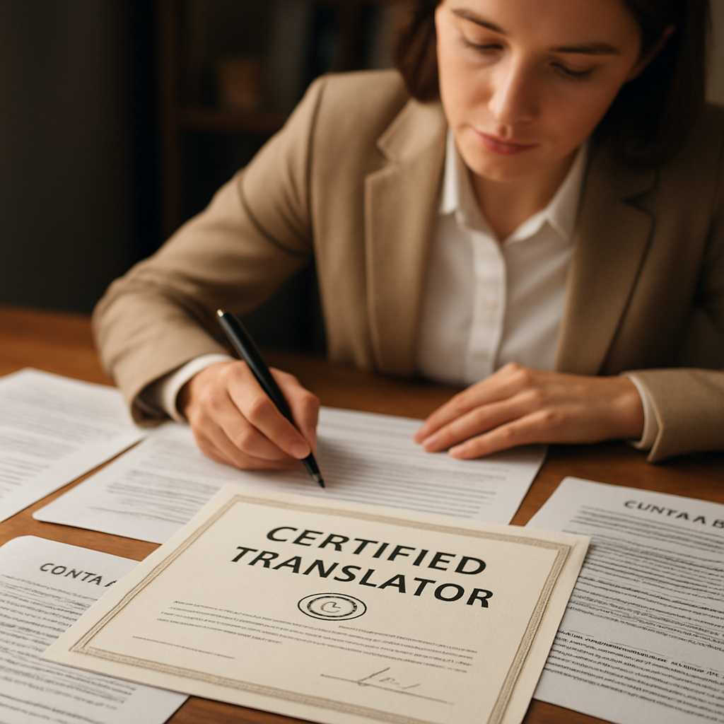A professional image showing a close up of a certified translator working on a document, with a focu