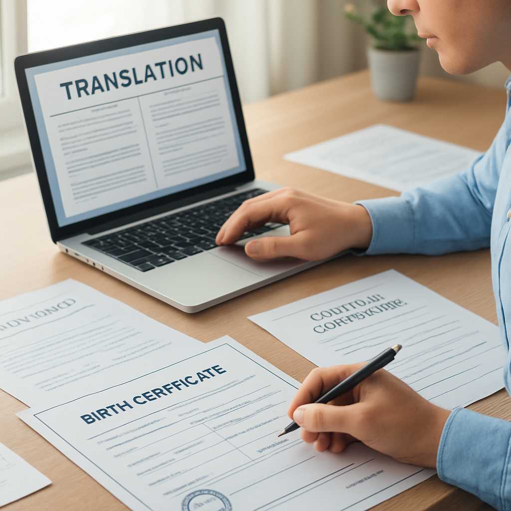 A close up editorial photograph of a certified translator working at a desk, surrounded by various i