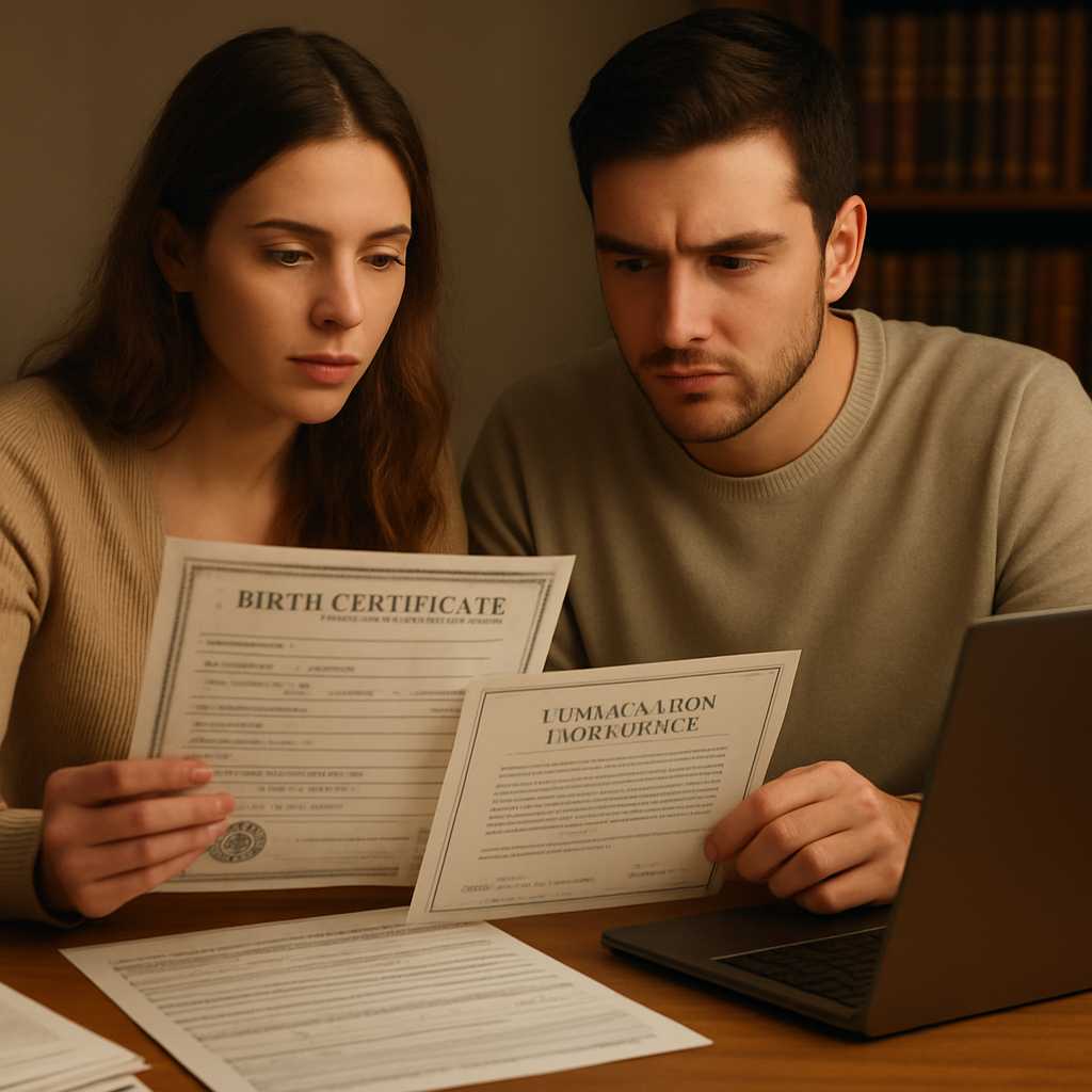 A detailed, photorealistic image of a couple sitting at a desk, surrounded by immigration documents