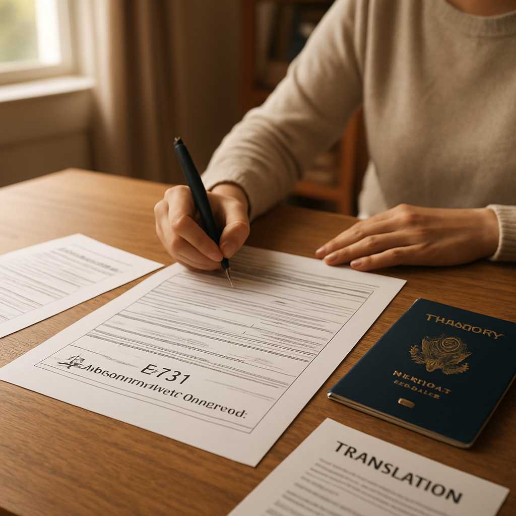 A detailed editorial photograph of a person sitting at a desk, surrounded by various immigration doc