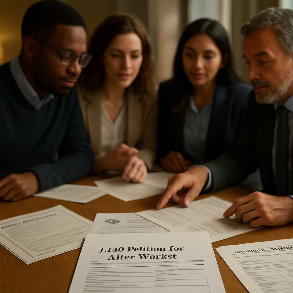 A detailed editorial photograph of a diverse group of professionals gathered around a table, reviewi
