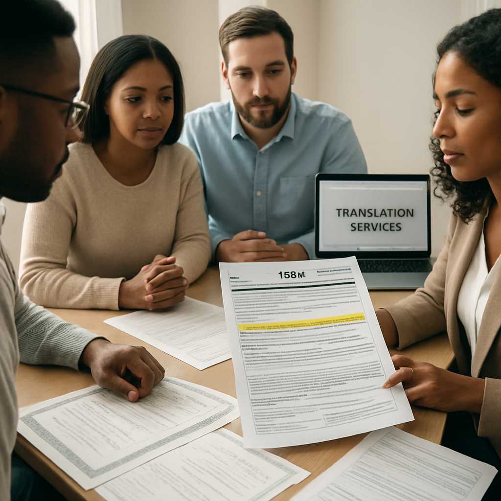 A professional photograph of a diverse group of individuals sitting around a table, reviewing immigr