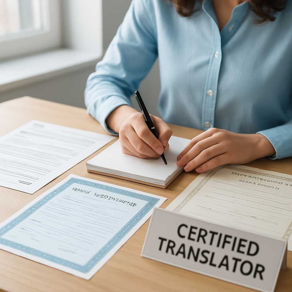 A close up shot of a certified translator working at a desk, surrounded by various immigration docum